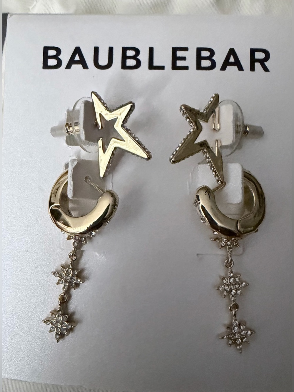NWT BaubleBar Gold Star & Crescent Dangle Earrings with Crystal Snowflakes